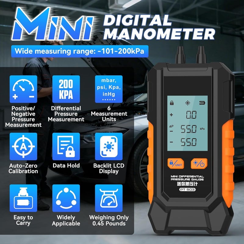 Autory Manometer Gas Pressure Tester -101 to 200KPa Mini Dual-Port Digital Manometer HVAC with 6 Measurement Units(PSI/kPa/mbar/bar/inHg/mmHg) Manometer Lp Gas Pressure Tester Auto Calibration Monometer - Image 2